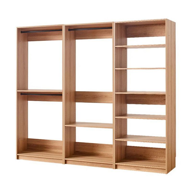 Dee Modular Closet System, 3 Clothing Racks, 6 Shelves in Oak Brown Wood - Benzara