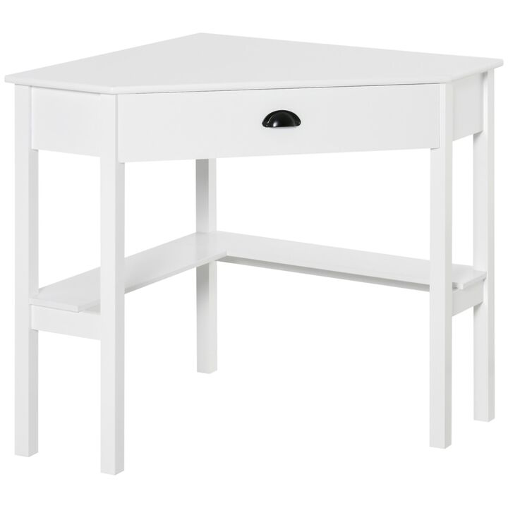White Compact Desk: Small Corner Workstation with Drawer and Shelves