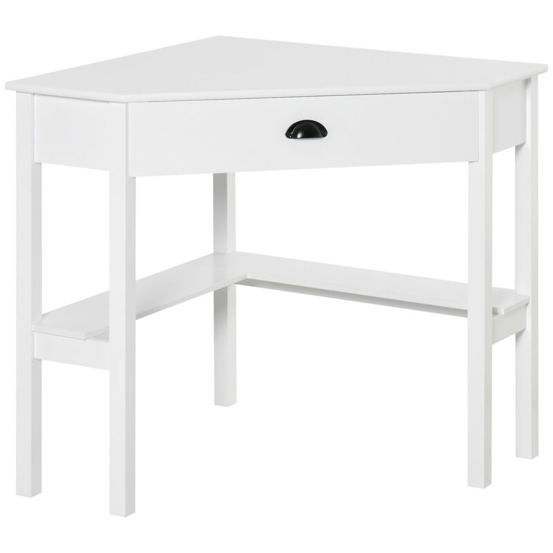 White Compact Desk: Small Corner Workstation with Drawer and Shelves