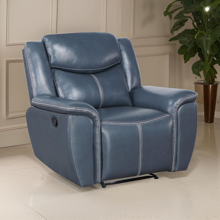 Eleni Manual Recliner Chair, Blue Faux Leather, Cushions, Stitching Detail - Benzara