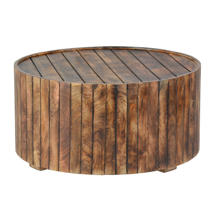 34 Inch Handmade Wooden Round Coffee Table with Plank Design, Burned Brown-Benzara