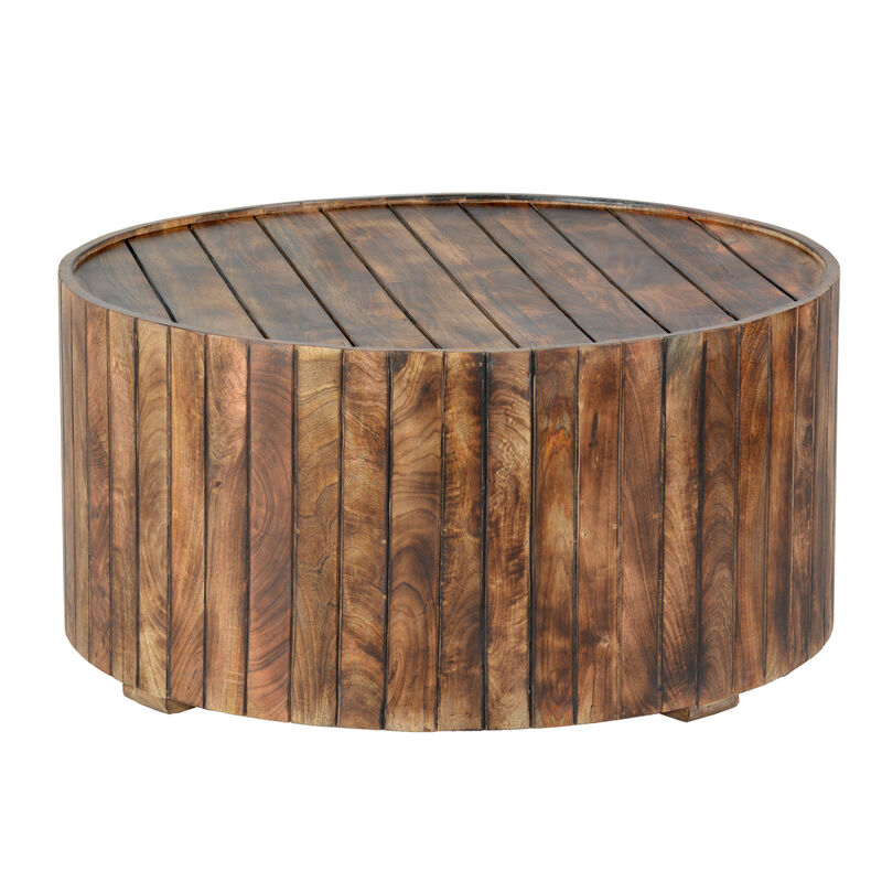 34 Inch Handmade Wooden Round Coffee Table with Plank Design, Burned Brown-Benzara