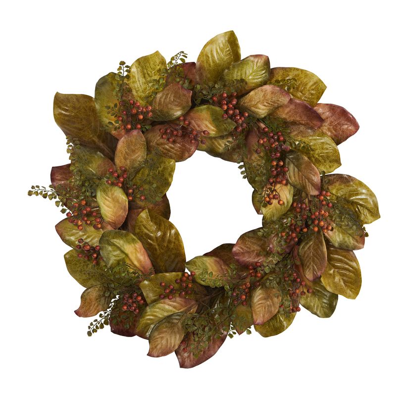 Hivvago 30" Fall Magnolia Leaf and Berries Artificial Wreath
