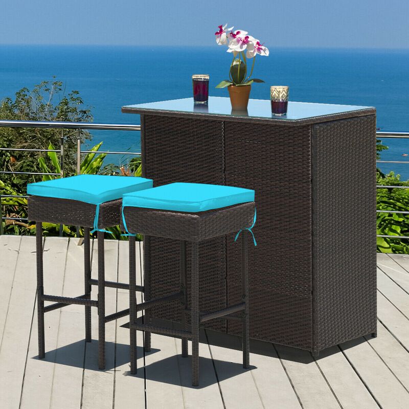 3PCS Patio Rattan Wicker Bar Table Stools Dining Set