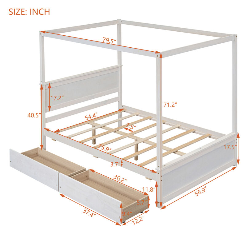 Full-size wood canopy bed with drawers, no box spring needed