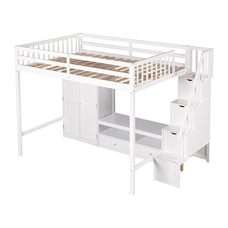 Merax Loft Bed with Wardrobe and Storage Staircase