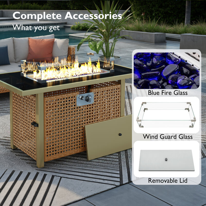 Merax 60000 BTU Rectangular Open Weave Wicker Fire Pit with Glass Wind Guard