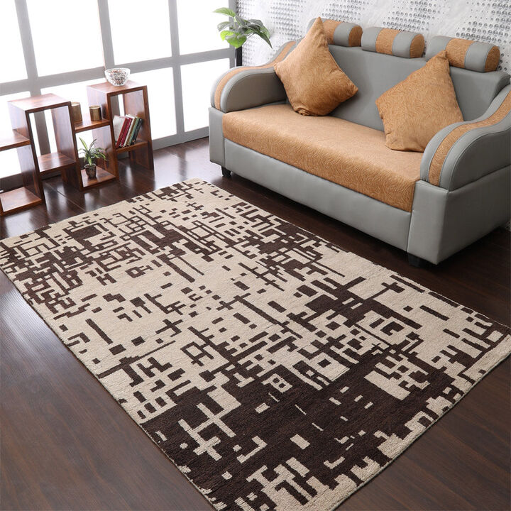 HAND KNOTTED WOOL Contemporary AREA RUGS  - 6'x9', Rectangle Shape, Beige Brown Color, Contemporary Modern, Medium Pile Handmade Area Rugs for Living Room, Bed Room (N01115)