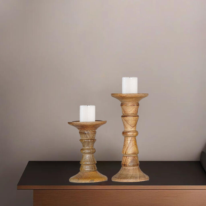 Traditional Wallnut Eco-friendly Handmade Mango Wood Set Of Two 6" & 9" Pillar Candle Holder BBH Homes