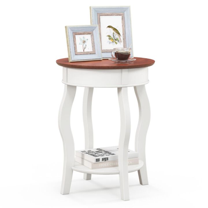 Hivvago 2-Tier Round End Table with Storage Shelf and Solid Rubber Wood Legs