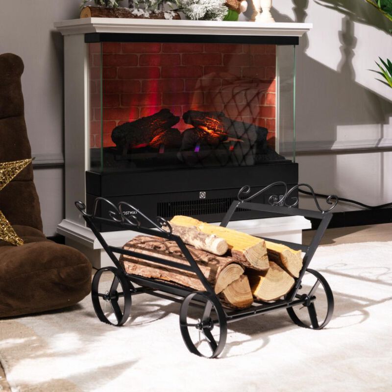 Hivvago Firewood Rack Decorative Rustproof Steel Fireplace Log Holder with Wheels