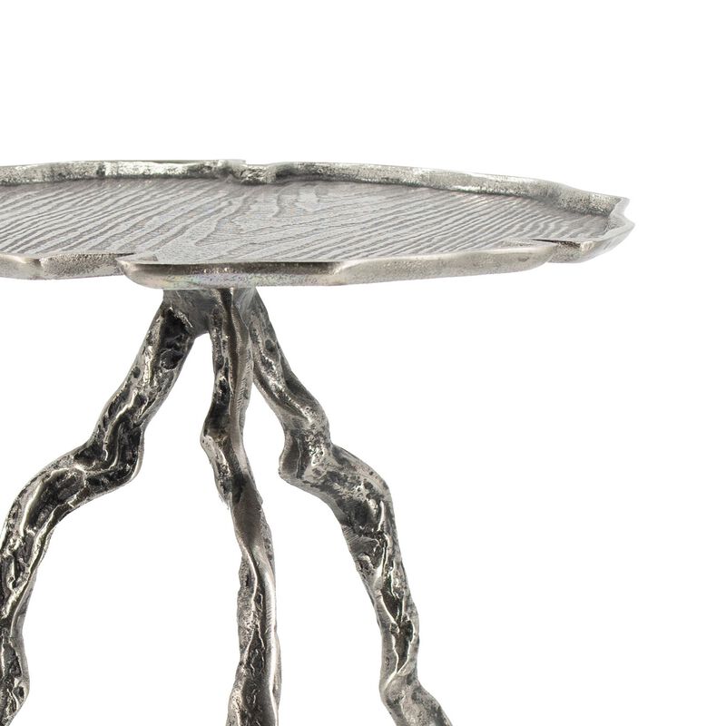 24 Inch Accent Table, Aluminum Metal Branch Tripod Legs, Antique Silver - Benzara