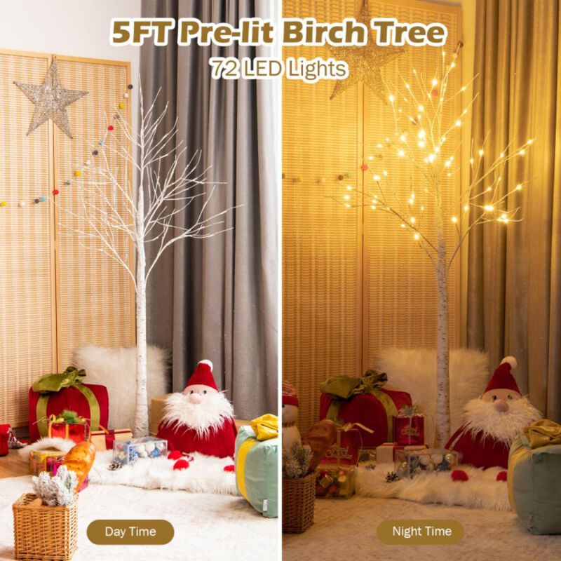 Hivvago 5 Feet Pre-lit White Twig Birch Tree with 72 LED Lights for Christmas