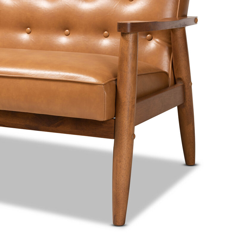 Baxton Studio Sorrento Mid Century Tan Faux Leather Upholstered Wood Loveseat