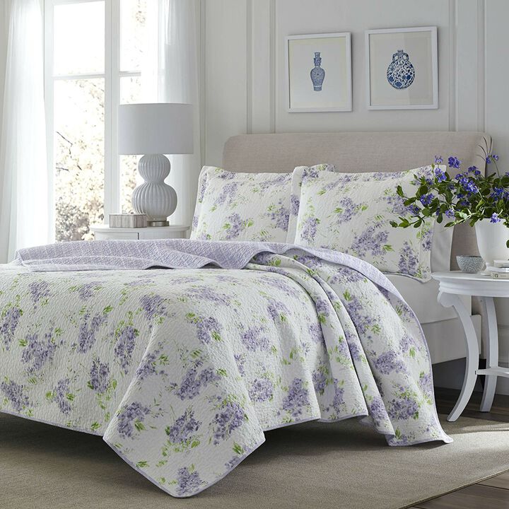 Hivvago Full / Queen size 3-Piece Cotton Quilt Set with White Purple Floral Pattern