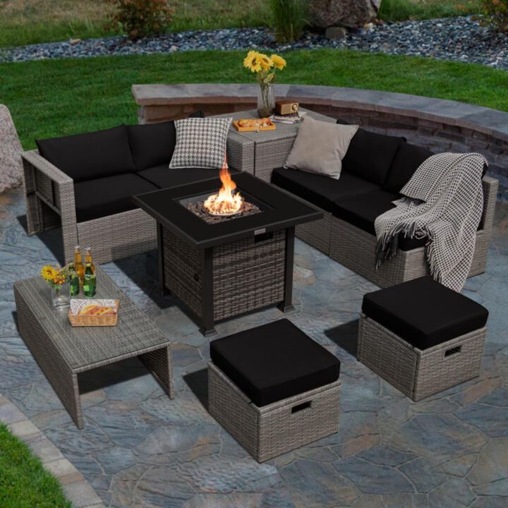 Hivvago 9 Pieces Outdoor Patio Furniture Set with 32-Inch Propane Fire Pit Table