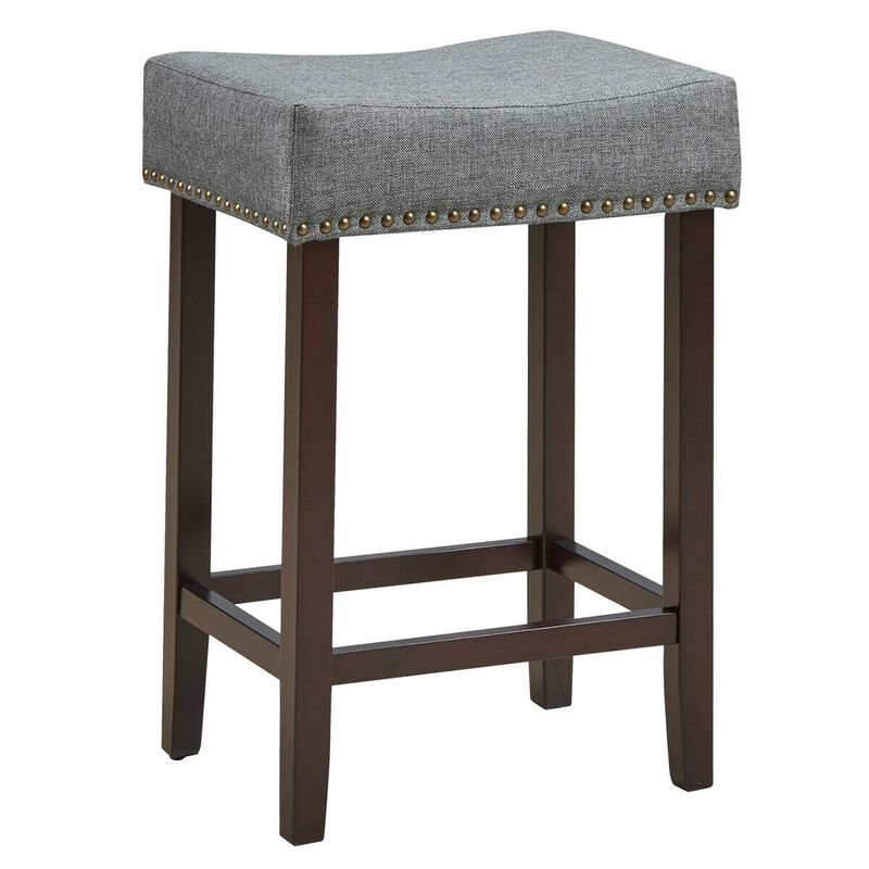 2 Pieces Nailhead Saddle Bar Stools with Fabric Seat and Wood Legs