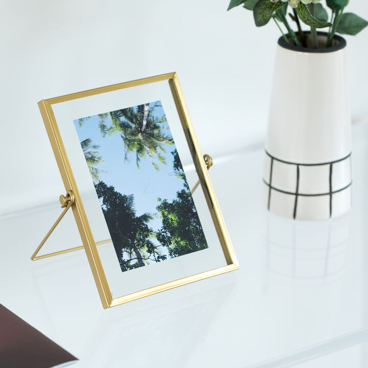Modern Metal Floating Tabletop Photo Picture Frame with Glass Cover and Easel Stand, Gold 4" x 6"
