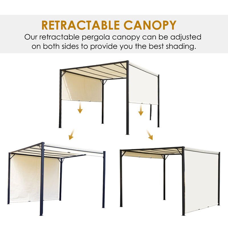 10' x 10' Outdoor Retractable Pergola Canopy Steel Gazebo Sun Shade, Cream