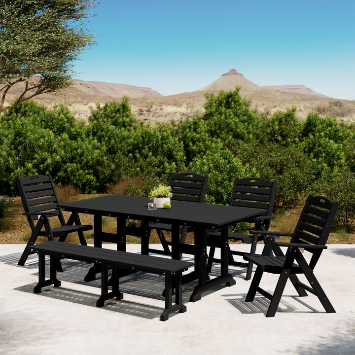 WestinTrends 6-Piece HDPE Rectangular Patio Dining Table Set with Foldable Chairs and Patio Bench