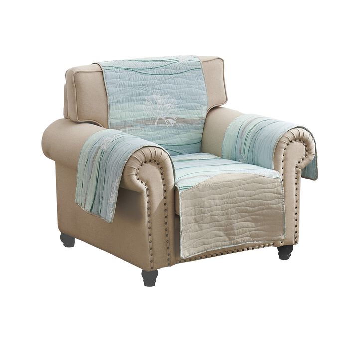 Niha 81 Inch Armchair Cover with Ocean Wave Print and Quilting, Multicolor - Benzara