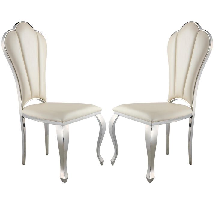 Kuri 23 Inch Dining Chair, Scalloped Back, Vegan Leather, Set of 2, Beige-Benzara
