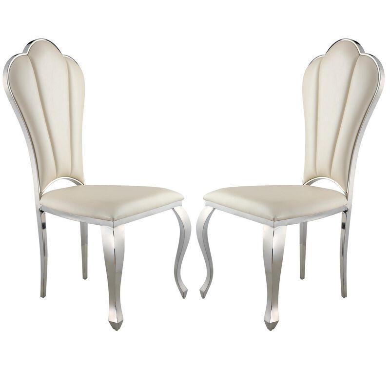Kuri 23 Inch Dining Chair, Scalloped Back, Vegan Leather, Set of 2, Beige-Benzara
