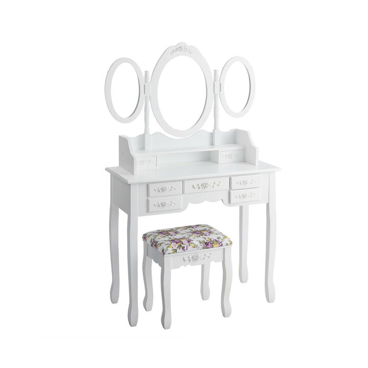 7 Drawer Tri-Folding Mirror Dressing Vanity Makeup Set