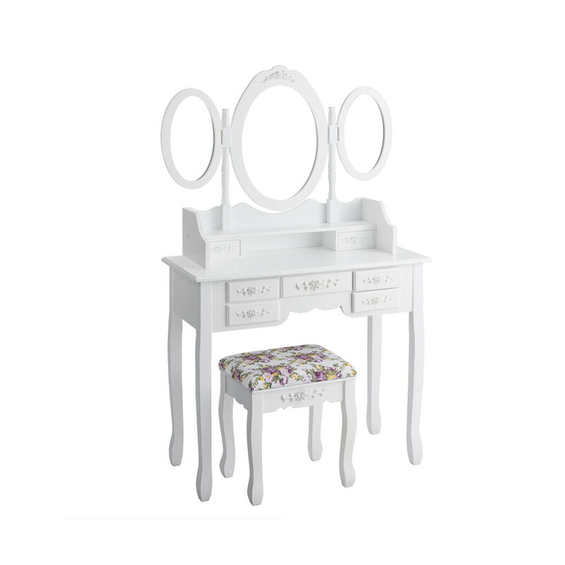 7 Drawer Tri-Folding Mirror Dressing Vanity Makeup Set