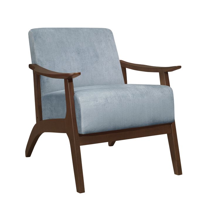 Rica 32 Inch Accent Armchair, Curved, Soft Blue Velvet, Brown Solid Wood - Benzara