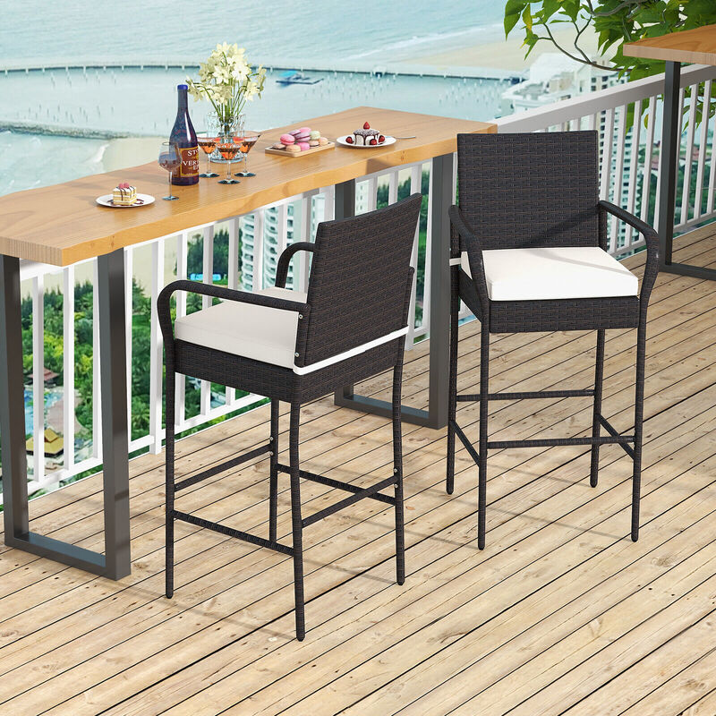 Outdoor PE Rattan Cushioned Barstool Set with Armrests