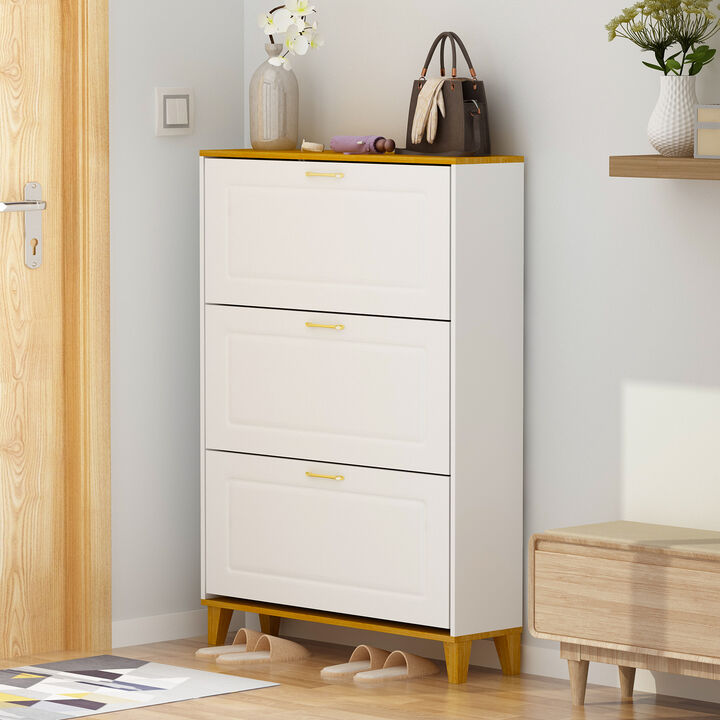 FUFU&GAGA Modern White & Wood 3-Tier Shoe Cabinet (35.4" W x 9.4" D x 47.2" H), White