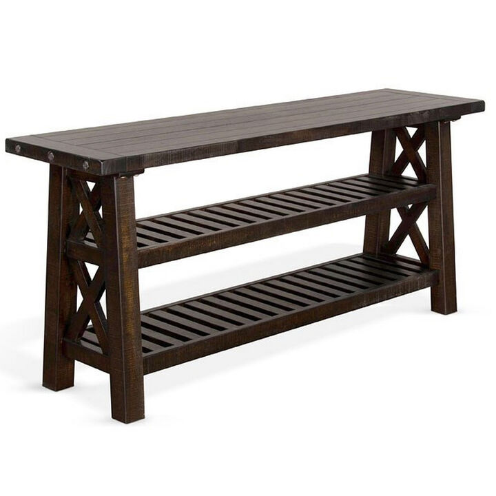 Anva Sofa Table, Dark Brown Mahogany, 2 Shelves, Rectangular 60 Inch - Benzara