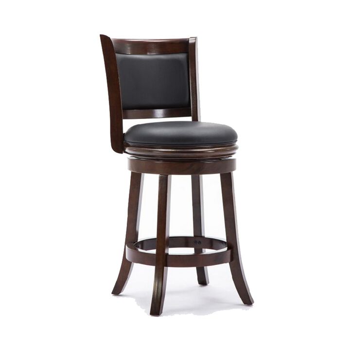 Round Wooden Swivel Counter Stool with Padded Seat and Back, Dark Brown-Benzara