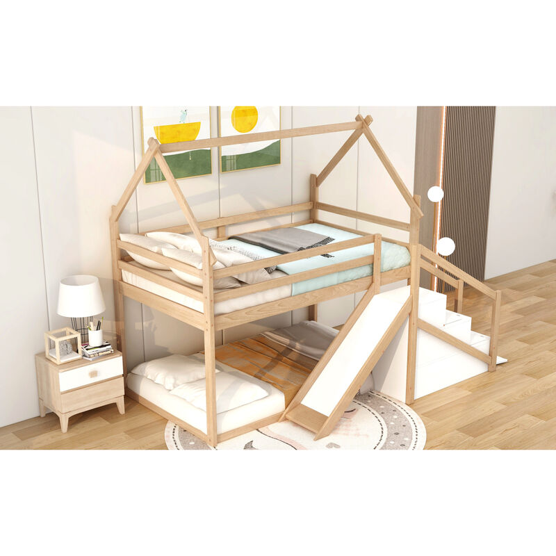 Twin Over Twin House Loft Or Bunk Bed With Slide And Staircase, Natural