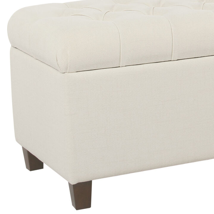 Fabric Upholstered Button Tufted Wooden Bench With Hinged Storage, White and Brown - Benzara