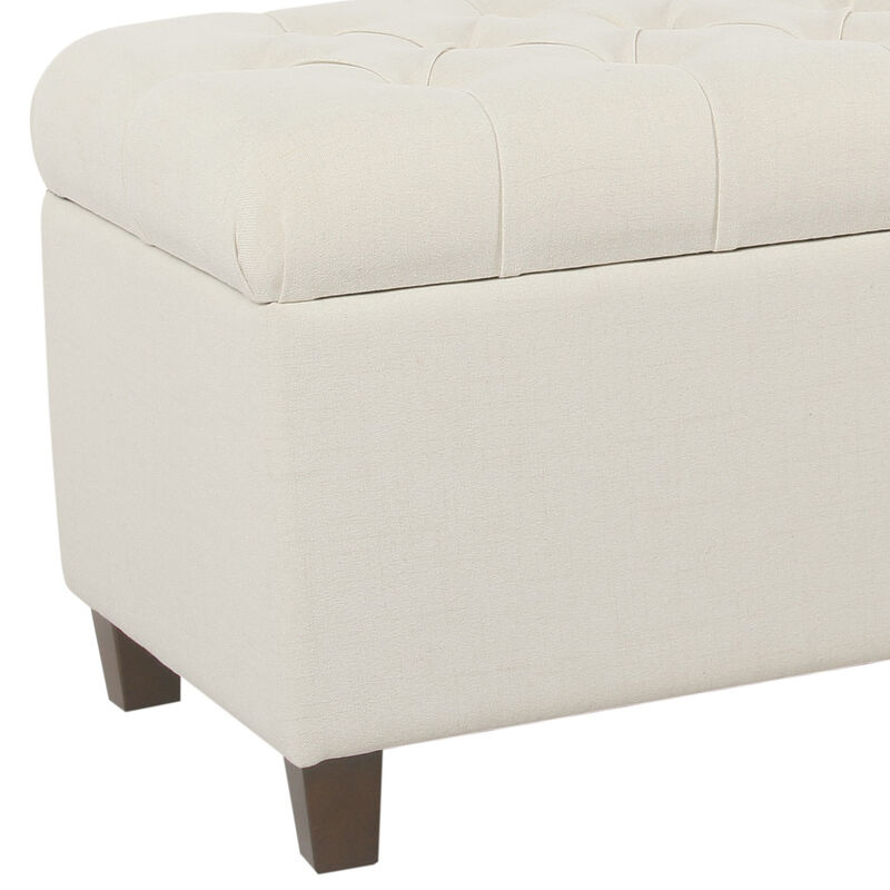 Fabric Upholstered Button Tufted Wooden Bench With Hinged Storage, White and Brown - Benzara