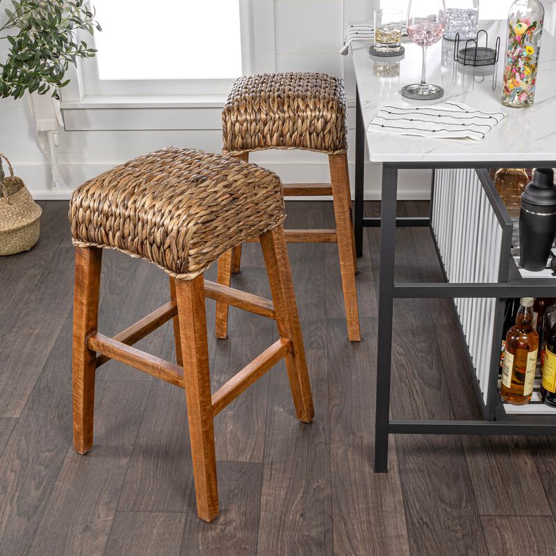 Maui Rustic Bohemian Hyacinth/Wood Backless Bar Stool