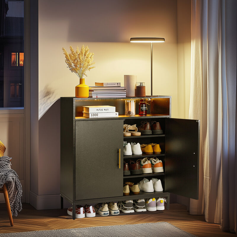 Freestanding Shoe Cabinet with Double Doors, 6 Tiers & Built-in LED Lights for Entryway Storage
