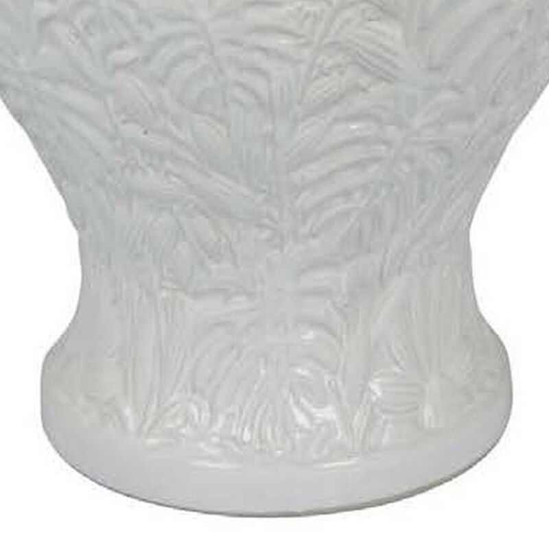 Deni 18 Inch Temple Jar, Embossed Design, Removable Lid, White Finish - Benzara