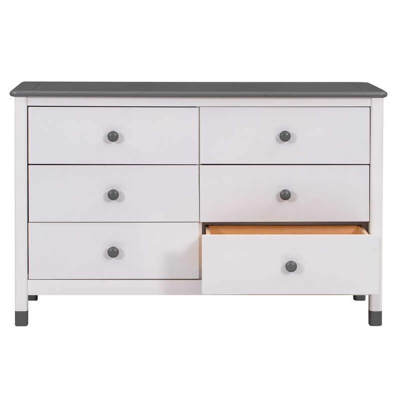 Wooden Storage Dresser With 6 Drawers, Storage Cabinet For Kids Bedroom, White+Gray
