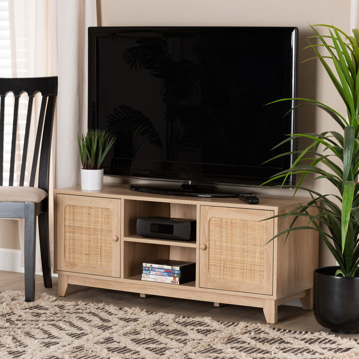 Baxton Studio Elsbeth  Light Brown Finished Wood and Natural Rattan 2 Door TV Stand