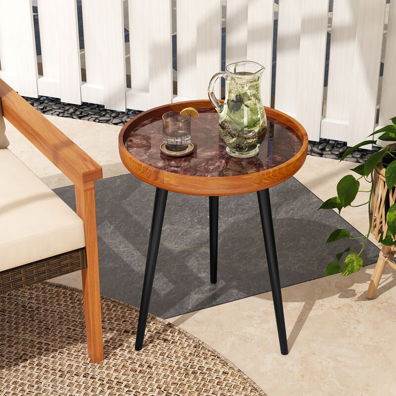 Round End Table with Sea Shell Decoration and Epoxy Resin Finish for Coastal or Beach-Themed Decor