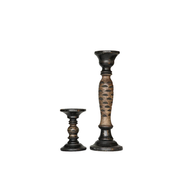 Traditional Dark Polish Eco-friendly Handmade Mango Wood Set Of Two 6" & 15" Pillar Candle Holder BBH Homes