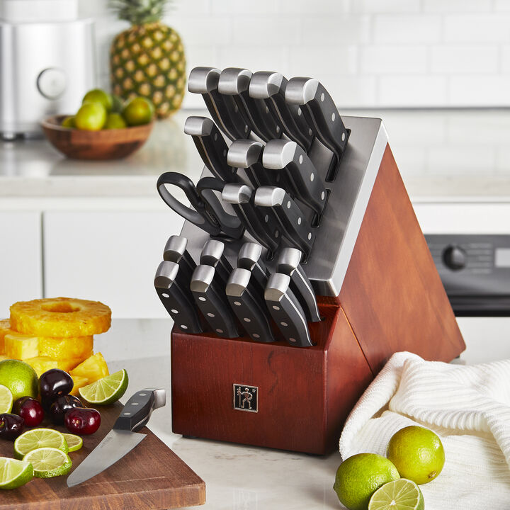 Henckels Statement 20-pc Self-Sharpening Knife Set with Block, Chef Knife, Paring Knife, Utility Knife, Bread Knife, Steak Knife, Dark Brown, Stainless Steel