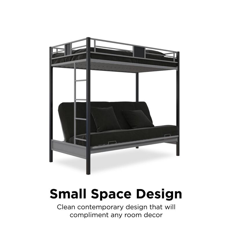 Reeta Twin over Futon Metal Bunk Bed, Silver and Black
