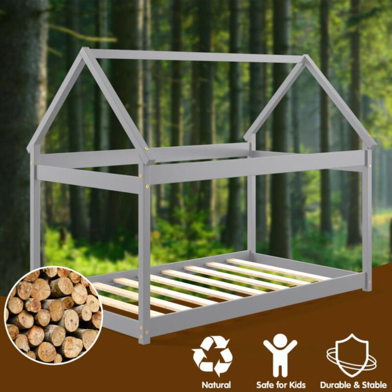 Hivvago Twin Size Kids House Bed Wood Frame with Roof
