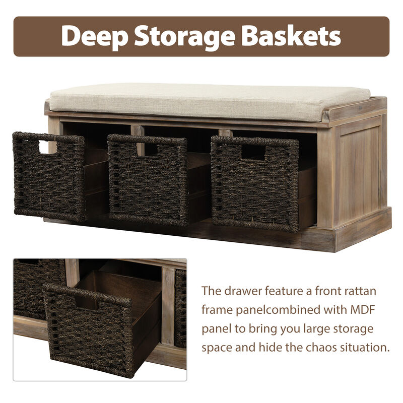 Rustic Storage Bench with 3 Rattan Baskets and Removable Cushion for Entryway