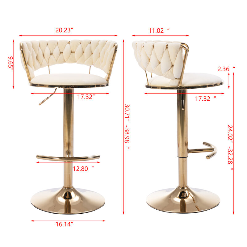 Set of 2 Bar Stools, with Chrome Footrest and Base Swivel Height Adjustable Mechanical Lifting Velvet + Golden Leg Simple Bar Stool-Cream