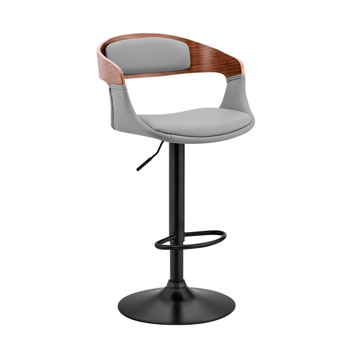 Benson Adjustable Gray Faux Leather and Walnut Wood Stool with Black Base